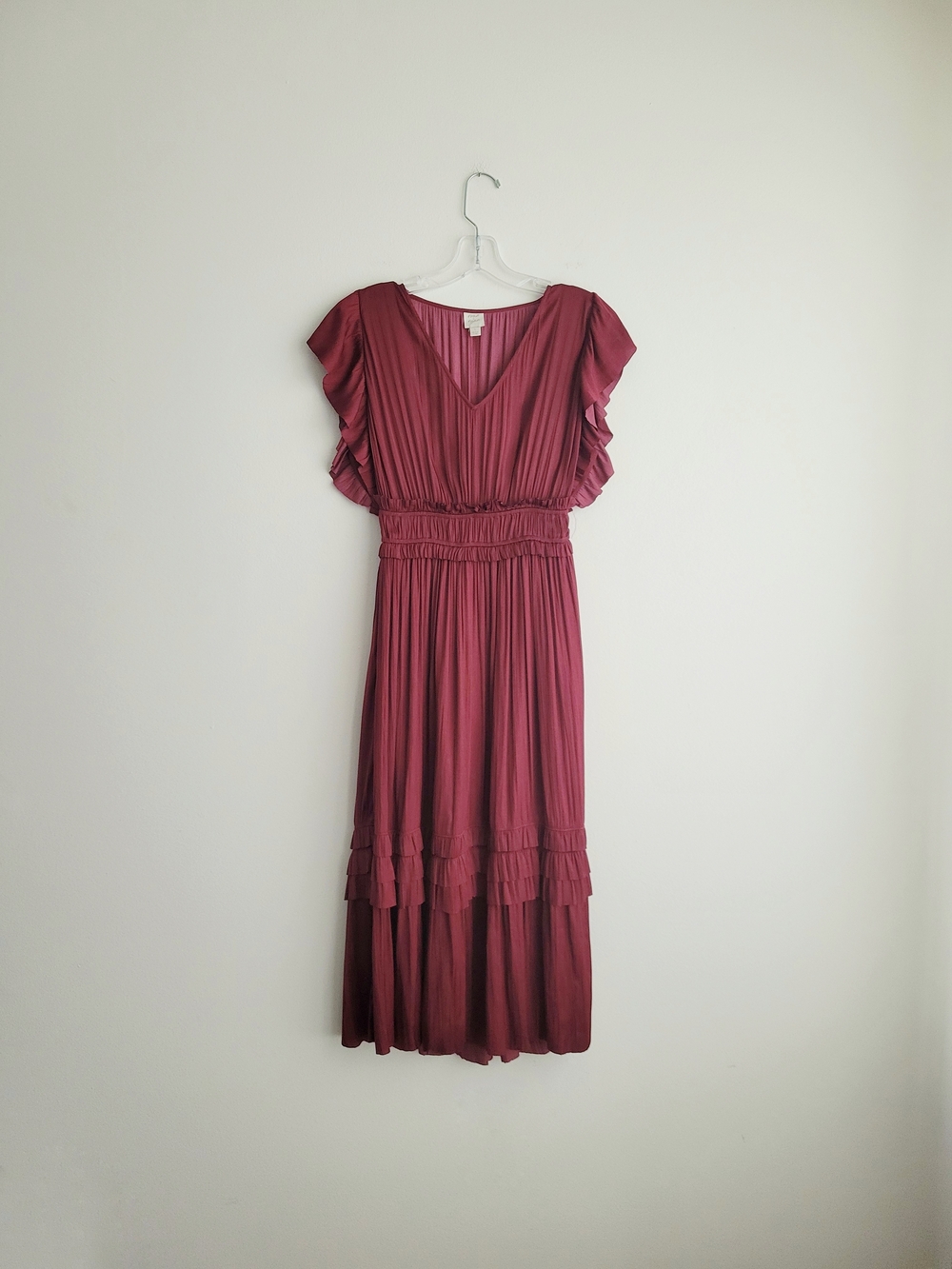 ROAN + RYAN Tallulah Burgundy Pleated Midi Ruffle Sleeves Garden Party Dress
